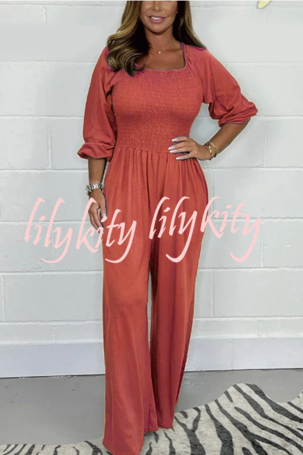 Casual and Comfortable Smocked Solid Color Wide Leg Jumpsuit