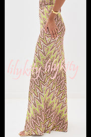 Moonlit Waltz Knit Jacquard Zigzag Print High Rise Stretch Flare Maxi Skirt