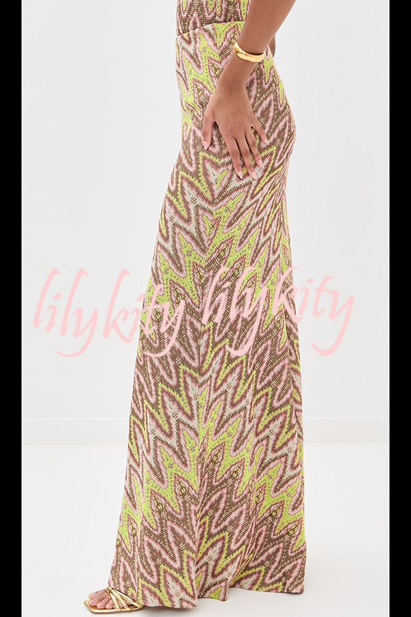 Moonlit Waltz Knit Jacquard Zigzag Print High Rise Stretch Flare Maxi Skirt