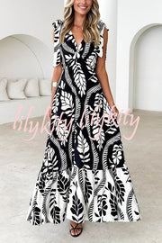 Unique Printed V-neck Sleeveless Lace-up Waist Maxi Dress