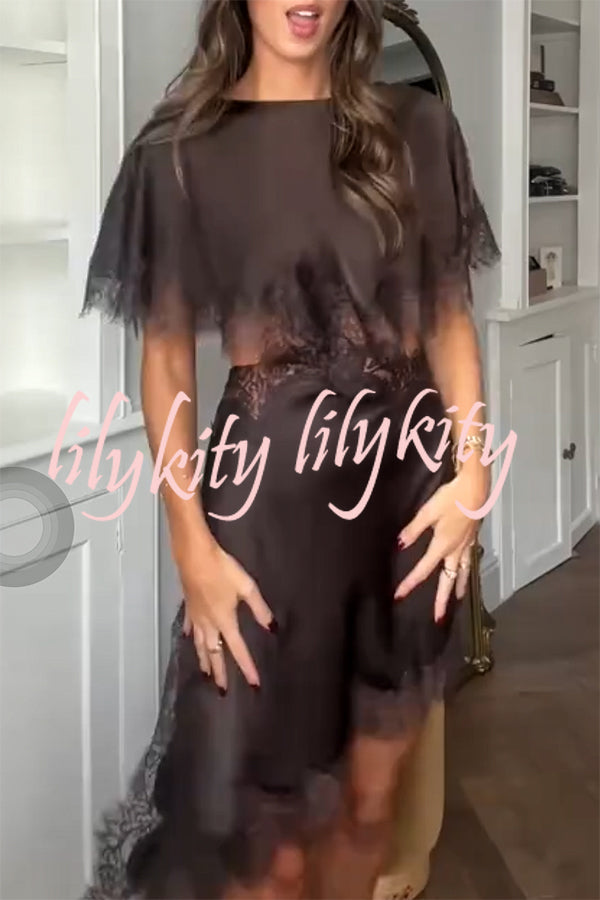 Jessica Satin Lace Trim Cape Sleeves Cutout Waist Asymmetrical Hem Midi Dress