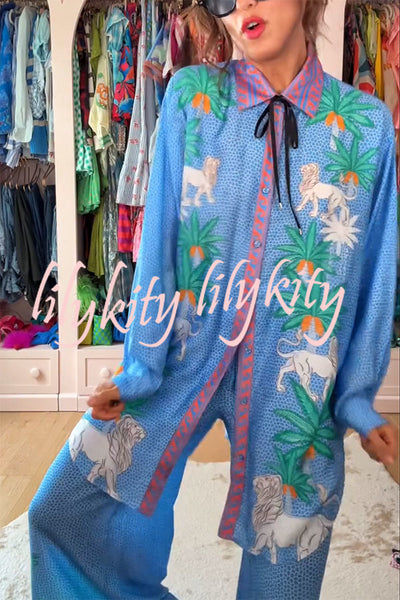 Sunday Breeze Satin Unique Print Button Down Oversized Blouse