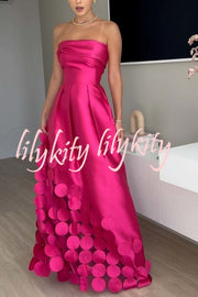 Luxurious Poise Satin Spliced mesh Polka-dot Fabric Off Shoulder Formal Maxi Dress