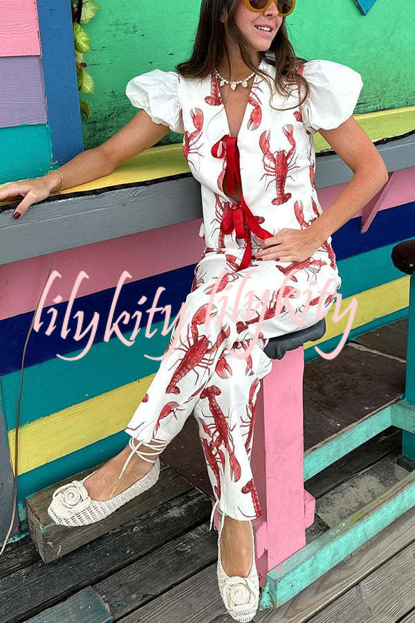 Fun Vacation Lobster Print Front Tie-up Puff Sleeve Loose Shirt