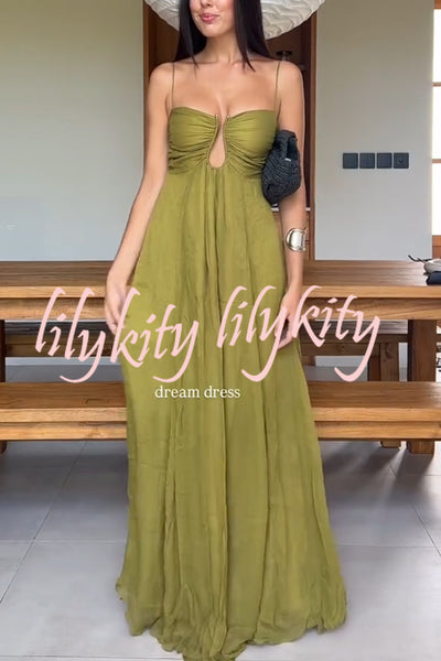 Soft and Elegant Metal Hollow Design Back Smocked A-line Slip Maxi Dress
