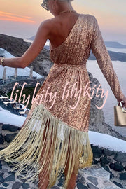 For The Love Gold Sequin One Shoulder Belted Fringes Midi Dress