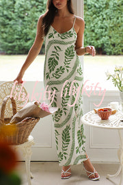 Leaf Printed Sling V-Neck Sleeveless Fitted Maxi Dress