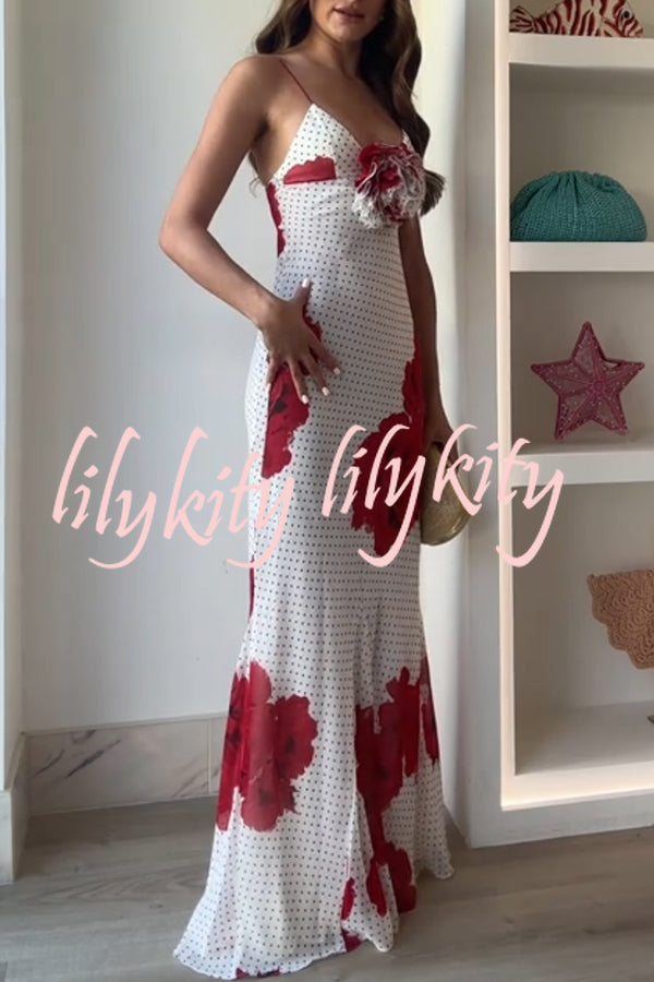 Vanna Poka Dot Floral Print 3D Flower Detail Slip Maxi Dress