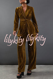Solid Color Velvet Long-sleeved Waist Tie Top and Elastic Waist Casual Pocket Straight-leg Pants Set