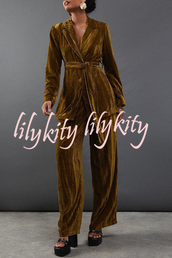 Solid Color Velvet Long-sleeved Waist Tie Top and Elastic Waist Casual Pocket Straight-leg Pants Set