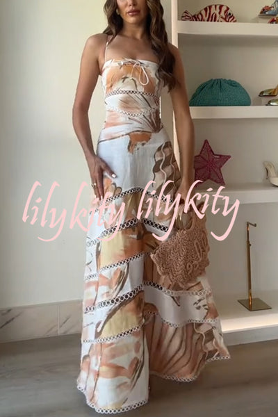 Daje Linen Blend Unique Print Round Hollow Trim Tie-up Bust Slip Maxi Dress