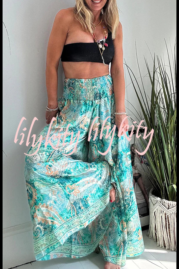 Stella Leopard Print High Rise Smocked Waist Pocketed Wide Leg Pants