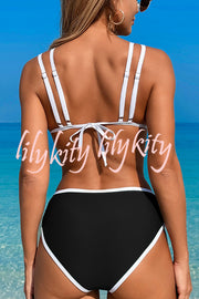 Contrast Color Lace-up Stretch Two-piece Bikini Swimsuit