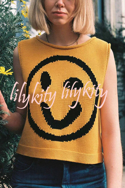 Always Happy Face Knit Unique Pattern Versatile Loose Tank Top