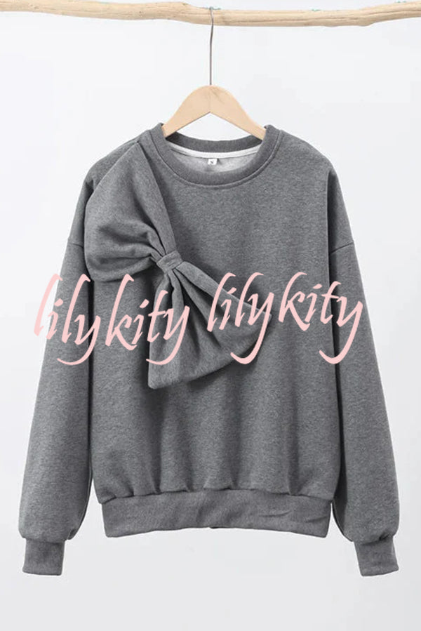 Solid Color Round Neck Long Sleeve Bow Loose Sweatshirts