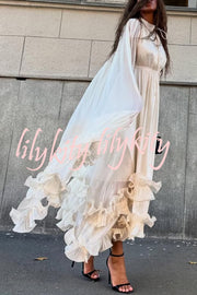 Fashionable V-neck Lace-up Ruffled Double-layer Hem Maxi Dress