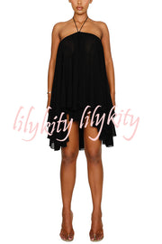 Chiffon Solid Color Halter Backless Irregular Mini Dress