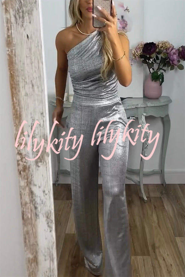 Shining Moment Metallic Fabric One Shoulder Ruched Tank and Pocketed Loose Stretch Pants Set