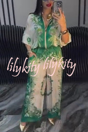 Unique Printed Casual Long-sleeved Loose Top and Elastic Waist Pocket Wide-leg Pants Set