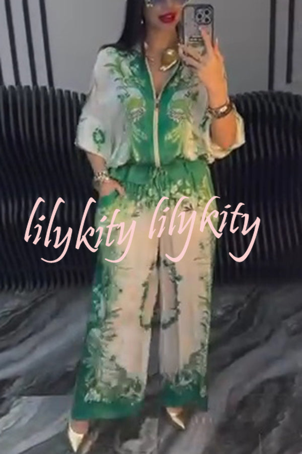 Unique Printed Casual Long-sleeved Loose Top and Elastic Waist Pocket Wide-leg Pants Set