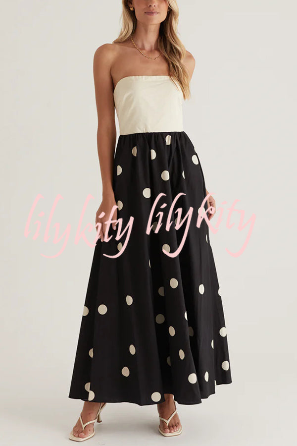 Fashion Polka Dot Print Tube Top Spliced Maxi Dress
