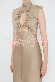 Genis Hollow Elastic Bust High Neck Sleeveless Gathered Maxi Dress