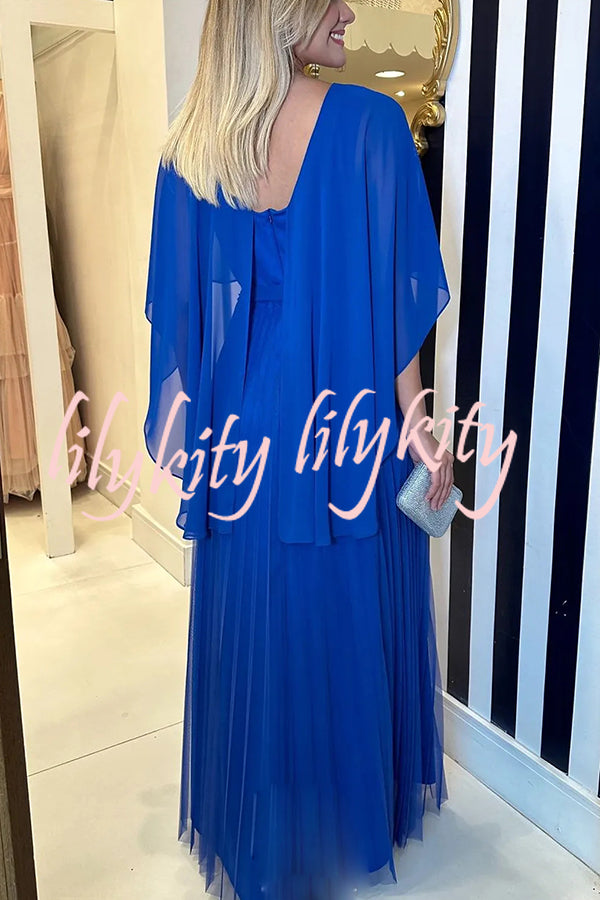 Ready for Holiday Cape Sleeve Tie-up Pleated Maxi Dress