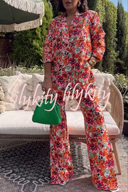 Full of Energy Flower Print Lapel Blazer and Elastic Waist Pocket Pleated Side Hem Pants Set