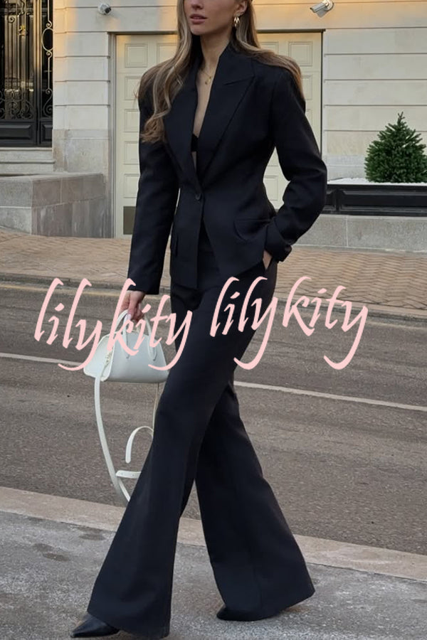 Solid Color Long-sleeved Single-button Blazer and Pocket Casual Flared Pants Set