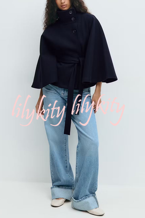 Fashionable Stand Collar Button Waist Tie Loose Cape