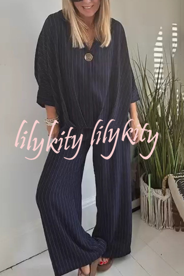 Fashion Striped Print Lapel Loose Top and Elastic Waist Casual Wide-leg Pants Set