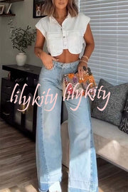 Ellison Denim Side Colorblock High Rise Pocket Wide Leg Jeans