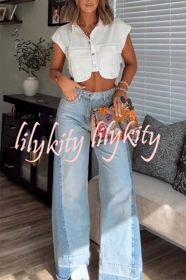 Ellison Denim Side Colorblock High Rise Pocket Wide Leg Jeans