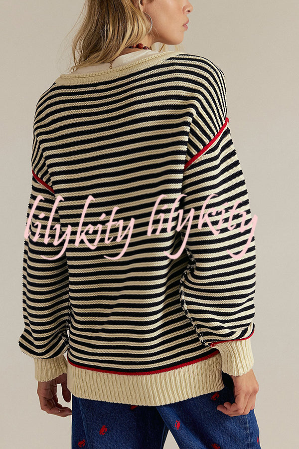 Fashion Striped Colorblock Loose Round Neck Long-sleeved Knitted Sweater
