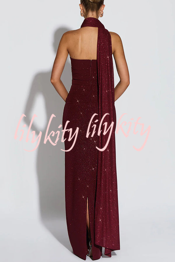 Pandra Glittery Crepe Fabric Off Shoulder Ruched Slit Cape Maxi Dress