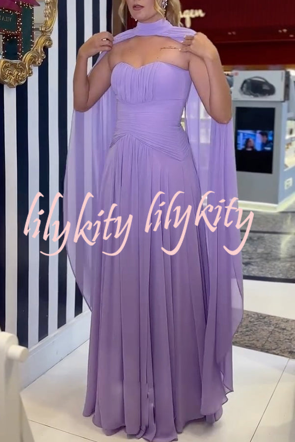 Lavender Scent Chiffon Ruched Strapless Removable Cape Maxi Dress