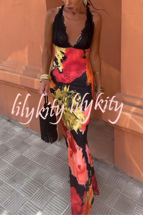 Unique Printed Sexy Lace V-neck Backless Maxi Dress