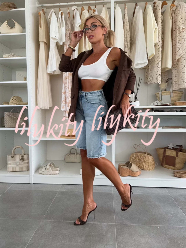 Fashion Denim Pocket Frayed Bermuda Shorts