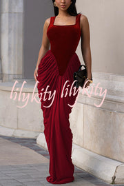 Fashionable Velvet Patchwork Square Neck Sleeveless Draped Maxi Dress