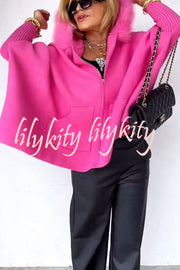 Warm Call Knit Long Sleeve Zipper Plush Hooded Pocket Loose Cardigan