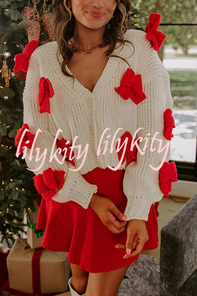 Wrapped in Bows Knit Color-blocked Loose V-neck Long-sleeved Cardigan