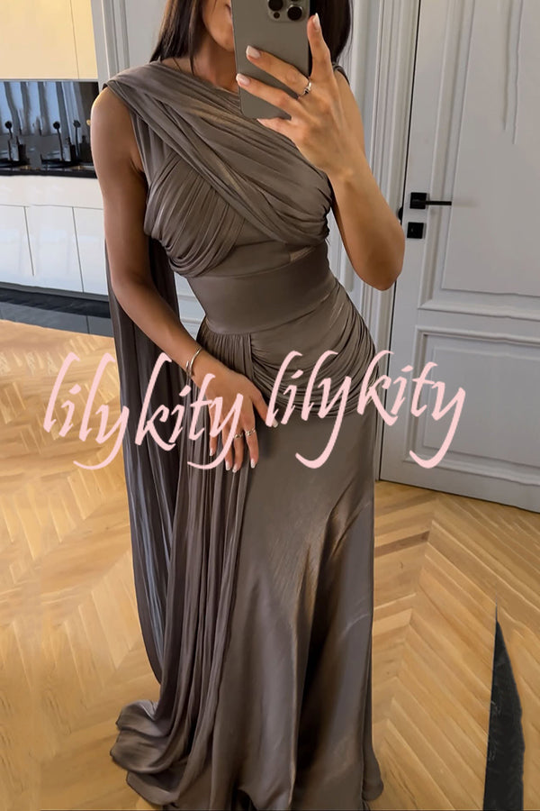 Solid Color Satin Sleeveless Waist Elegant Pleated Ribbon Maxi Dress