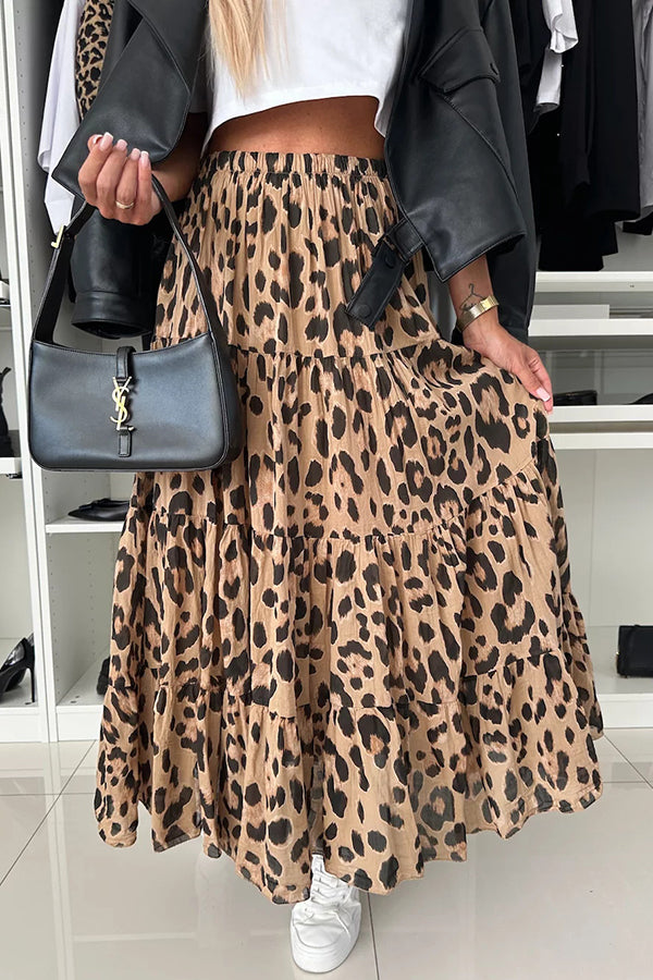 Unique and Comfortable Leopard Print Elastic Waist A-line Layered Maxi Skirt