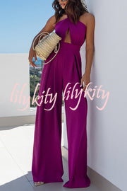 Easy Mode Cross-neck Halter Strap Backless Wide Leg Jumpsuit