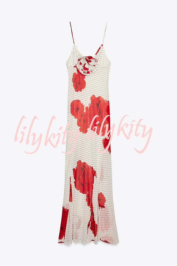 Vanna Poka Dot Floral Print 3D Flower Detail Slip Maxi Dress