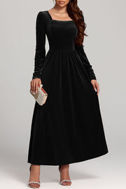 Solid Color Velvet Square Neck Long Sleeve Elegant Maxi Dress