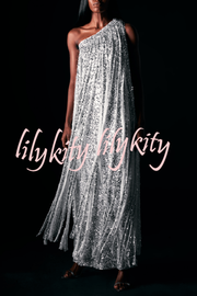 Holiday Muse Sequined Slit Tassels One Shoulder H-line Maxi Dress