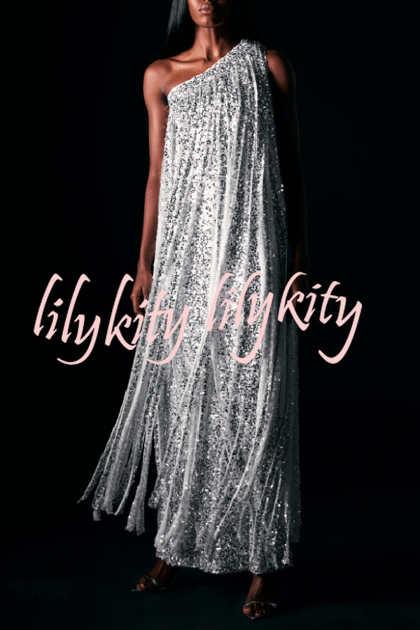 Holiday Muse Sequined Slit Tassels One Shoulder H-line Maxi Dress