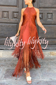 Fashion Sleeveless Halter Neck Elegant Tassel Slim Maxi Dress