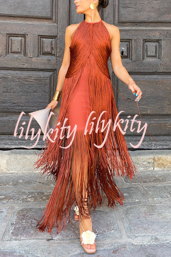 Fashion Sleeveless Halter Neck Elegant Tassel Slim Maxi Dress